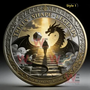Commemorative fantasy coin with Trials Shape Legends text showing a dragon silhouette an adventurer climbing stone steps and a floating polyhedral dice!