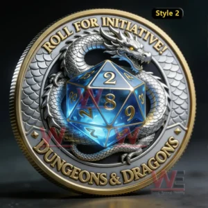 Dungeons And Dragons commemorative coin with Roll For Initiative text featuring a silver dragon coiled around a glowing blue twenty sided dice!