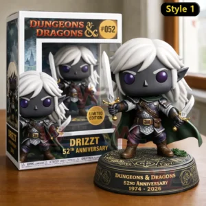 Dungeons and Dragons Drizzt limited edition figure holding two swords wearing armor and a green cape on a 52nd anniversary display base with the matching box behind it.