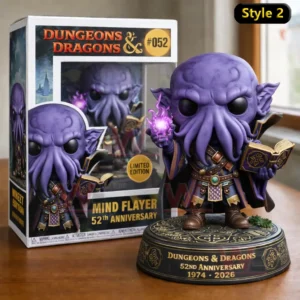 Dungeons and Dragons 52nd Anniversary Limited 3D Pop Vinyl Figure 3 Dungeons and Dragons Mind Flayer limited edition figure with purple tentacled face holding a spellbook and magic orb on a 52nd anniversary display base with the matching box behind it.