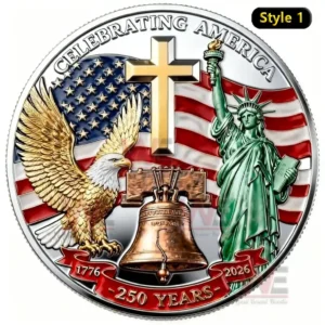 Round anniversary coin with bald eagle Liberty Bell Statue of Liberty Christian cross and American flag celebrating two hundred fifty years of the United States!