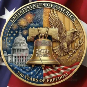 A circular patriotic emblem with an eagle a liberty bell a capitol building and fireworks above a waving flag background!