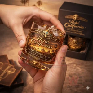 Hands holding a decorated whiskey glass filled with ice and amber liquid featuring a Hotel California anniversary illustration!