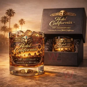 A Hotel California themed anniversary whiskey glass displayed with a matching premium box on a warm background!
