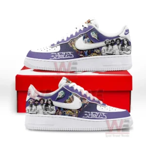 Purple and white Eagles themed sneakers with collage side panels displayed on a red shoebox on a white background.