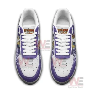 Top view of two purple and white graphic sneakers with white laces and perforated toe boxes arranged side by side on a white background.