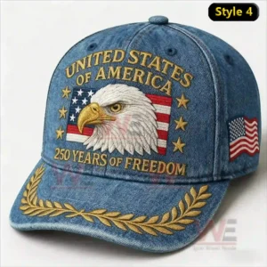 A denim cap with an embroidered bald eagle American flag gold stars and laurel leaves celebrating two hundred fifty years of freedom!