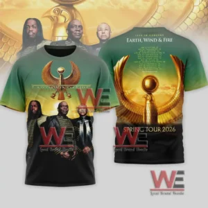 Front and back views of an Earth Wind and Fire tour shirt with band portraits and a large golden winged emblem along with tour dates!