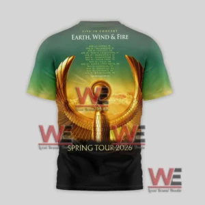 Earth, Wind & Fire Spring Tour 2026 Shirt 4 Back view of Earth Wind and Fire tour shirt with golden emblem and printed tour dates!