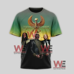 Earth, Wind & Fire Spring Tour 2026 Shirt 5 Front view of Earth Wind and Fire tour shirt with band portraits and a golden emblem above!