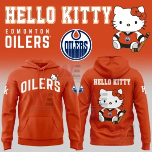 Orange hoodie with Oilers text on the front and Hello Kitty hockey character graphic with large text on the back.