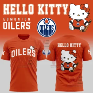 Orange t shirt with Oilers text on the front and Hello Kitty hockey character graphic with large text on the back.