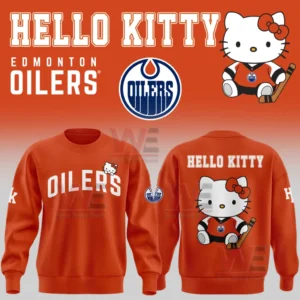 Orange crewneck sweatshirt with Oilers text on the front and Hello Kitty hockey character graphic with large text on the back.
