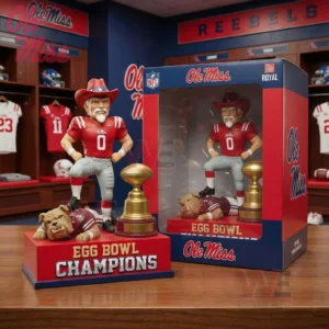 Ole Miss Rebels collectible figure on an Egg Bowl Champions base with a bulldog mascot and trophy in a team locker room display.