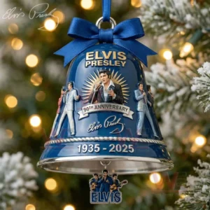 Blue Elvis Presley ninety year anniversary bell ornament with portraits figures and hanging Elvis charm on a Christmas tree!