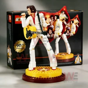 Elvis Presley collector brick figure posed with microphone and guitar placed in front of a display box!