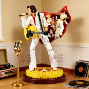 Elvis Presley collector brick figure performing on a stage base in a retro music room with microphone and vinyl records!