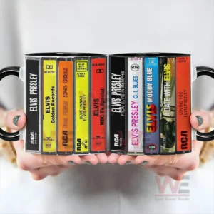 Close view of a ceramic mug featuring retro cassette album artwork inspired by Elvis Presley!