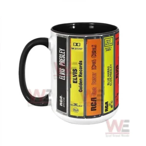 Front view of a cassette inspired ceramic mug displayed with both hands holding it!