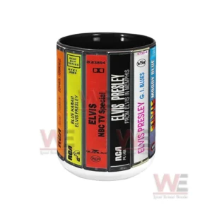 Angled view of a ceramic mug with retro Elvis Presley cassette album design!