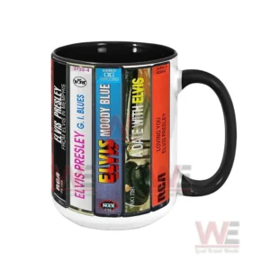 Front facing view of a ceramic mug decorated with vintage Elvis Presley cassette album artwork!