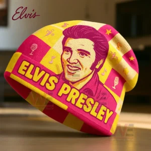 Yellow and pink beanie featuring an illustrated portrait of Elvis Presley with musical icons and decorative patterns!