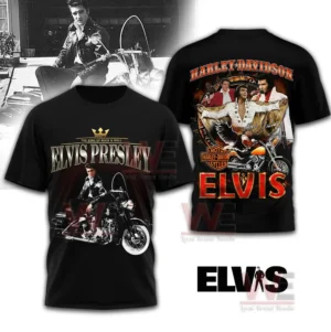 Black short sleeve shirt with music legend motorcycle artwork shown from front and back views!