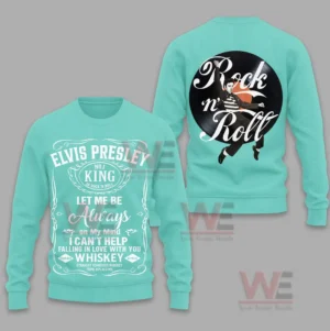 Turquoise sweatshirt with vintage rock music typography and graphic art!