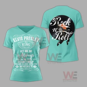 Turquoise v neck shirt with classic rock design and dancing performer graphic!