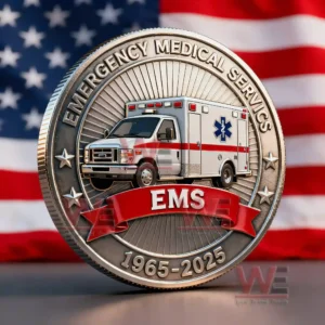 A silver coin featuring an ambulance and ems text honoring emergency medical services from nineteen sixty five to twenty twenty five!