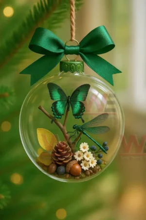 A glass ornament with a butterfly and dragonfly inside hangs from a rope with a green bow on a tree!