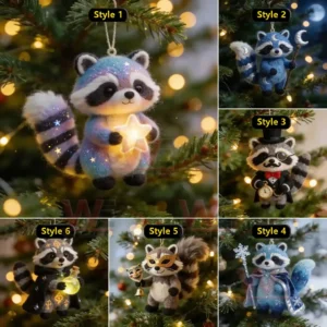Five raccoon ornaments in various themed costumes hanging on a Christmas tree with warm holiday lighting!