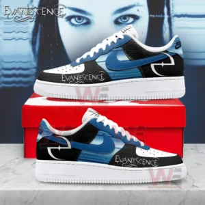 Rock band themed sneakers with blue and black design displayed on a red box with dramatic background!