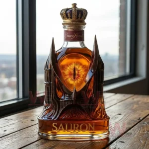 Amber whiskey bottle with a glowing eye centerpiece crown stopper and dark tower style structure placed on a rustic wooden surface by a window!