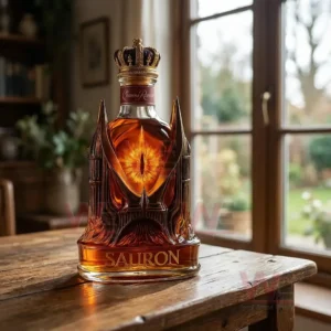 Eye of Sauron The Dark Tower Collector's Edition Whisky Bottle 3 Decorative amber whiskey bottle with crown stopper and fiery eye design displayed indoors with wooden furniture and window light!