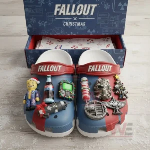 Blue and red clogs with themed charms displayed inside a festive Fallout holiday box!