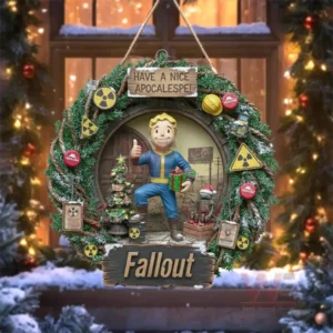 Post apocalyptic christmas wreath ornament with vault boy character holding a present surrounded by festive greenery and themed details!