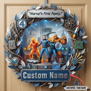 Superhero family decoration wreath with characters standing in the center framed by a detailed circular design and custom name sign!