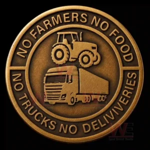 A bronze coin displaying a tractor and a freight truck with supportive engraved text!