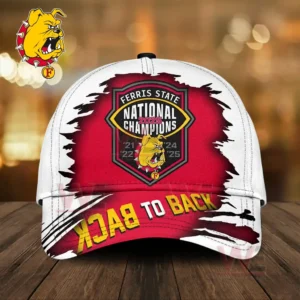 Red and white championship baseball cap with bulldog logo and bold celebratory design displayed on a table!