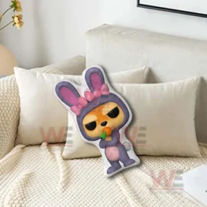 Cartoon rabbit shaped pillow placed on a white bed in a bright bedroom!