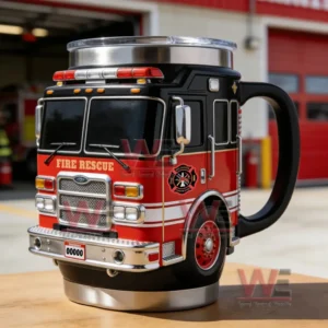 Fire truck style mug with realistic rescue details sitting on a wooden surface!