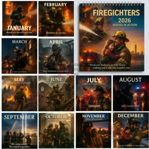 Collage of firefighters twenty twenty six calendar showing cover art and twelve themed monthly scenes of rescue and bravery!