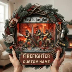 Firefighter christmas wreath with burning building scene firefighters in action and custom name sign!