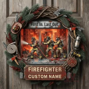 Firefighter themed christmas wreath on wooden door with fire rescue scene tools and custom name plaque!