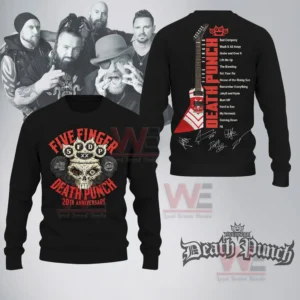 A black sweater with a skull logo on the front and a guitar graphic with song titles and band signatures on the back!