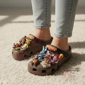 Five Nights At Freddy's 2 Offical Freddy Fazbear;'s Crocs Clogs with Charm 5 Feet wearing themed clogs with character charms on a light carpeted floor!