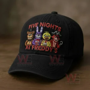 Five Nights at Freddy's Classic Cap hat 3 Close up of a black embroidered cap with colorful cartoon characters on a wooden surface!