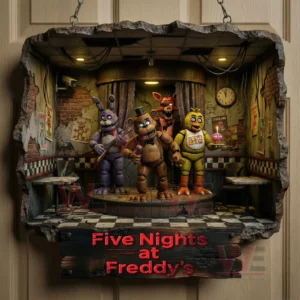 A hanging decorative piece on a wooden door showing animatronic figures performing on a stage inside a creepy indoor environment!