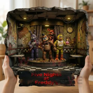 Hands holding a large decorative wall hanging featuring animatronic characters on a stage with dark themed room details!
